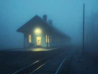 Wall Mural - A Lonesome Train Station Bathed in Fog