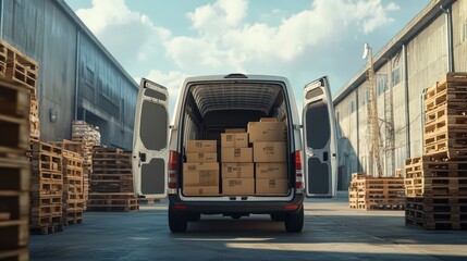 Truck parked in warehouse, loaded with cardboard boxes cargo