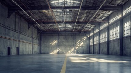 A large, empty warehouse with a yellow line on the floor