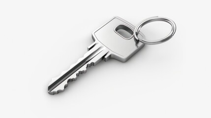 Silver key with a keyring isolated on a white background.