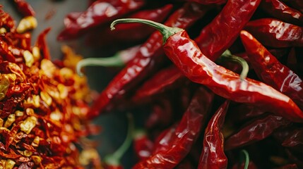 Wall Mural -   Red peppers stacked atop yellow and red flakes