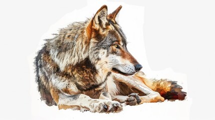  Closeup of a wolf lying down with its head turned to the side, looking off to the side.