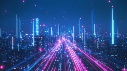 Smart city digital transformation development concept. Band lights over modern urban cityscape at night. New fast internet communication 5G technology. Fiber Optics