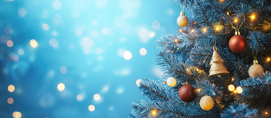 Wall Mural - Christmas tree with decorations with empty space and bokeh background.