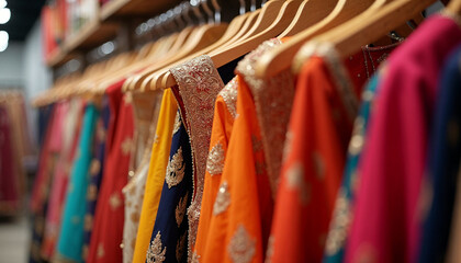 Wall Mural - close up view of Indian Women's Fashion Dresses Showcased on Hangers in a Retail Shop.
