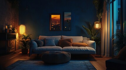 Wall Mural - A living room with a couch, a potted plant, and a lamp