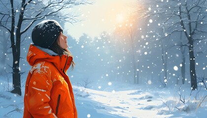 Wall Mural - Serene winter illustration of a woman in an orange jacket amidst a peaceful snowy landscape, enjoying natures beauty under soft morning light with falling snow