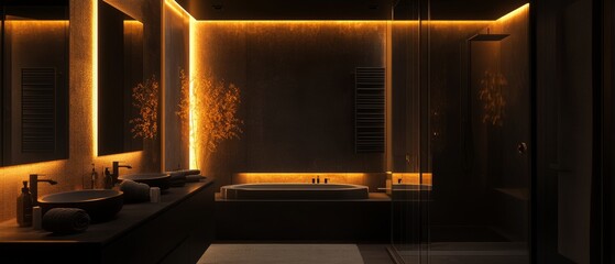 Wall Mural - Dark-themed modern bathroom with black fixtures and warm, ambient lighting