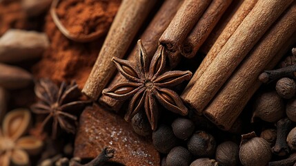 Sticker -   Cinnamon, star anise, cinnamon sticks, and other spices sit neatly on the table