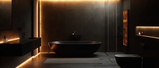 Wall Mural - A black bathroom with a black bathtub and a black toilet