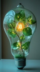 Wall Mural - ecofriendly innovation bioluminescent plantinfused lightbulb soft green glow minimalist white backdrop sustainable energy concept