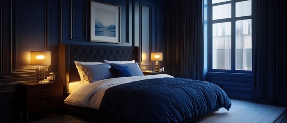 Wall Mural - A large, dark blue bed with a white comforter and pillows