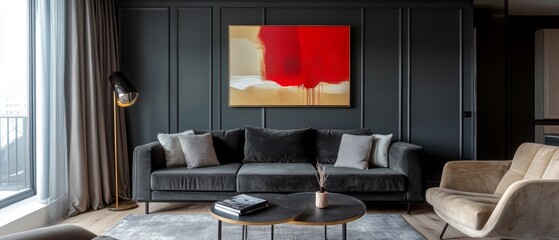 Wall Mural - A black and white living room with a red painting on the wall