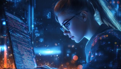 Wall Mural - Woman Concentrating on Code in a Futuristic Setting