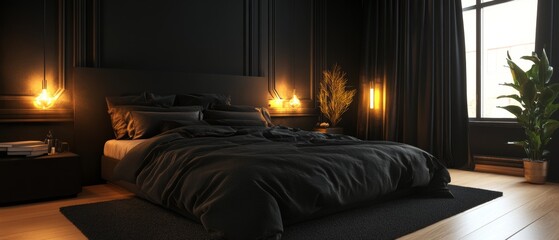 Wall Mural - A black bedroom with a bed, nightstand, and a potted plant