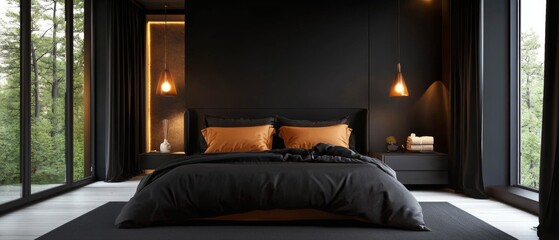 Wall Mural - A bedroom with a black bed and orange pillows