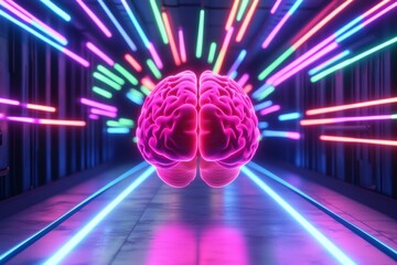 Wall Mural - Visual cortex neurocognition neuroprosthetics neurophotonics and neuropharmacology glowing neon brain in a futuristic tunnel with neural pathways illuminated