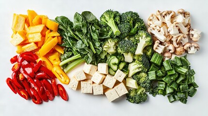 Sticker -   Broccoli, peppers, mushrooms, and tofu are on a white surface with red peppers and broccoli