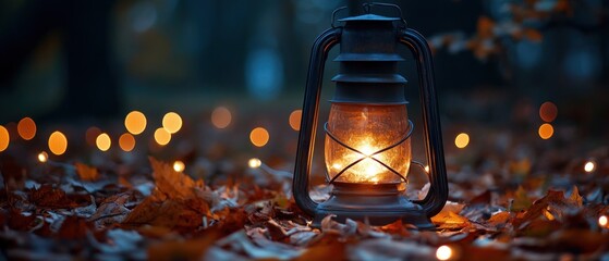 A Glowing Lantern Amidst Autumn Leaves