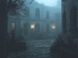 Wall Mural - A Foggy Courtyard of an Old Stone Mansion