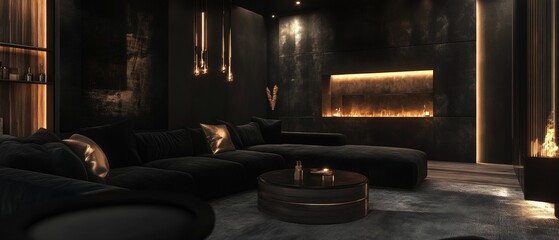 A black room with a fireplace and a coffee table