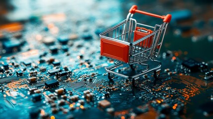 The shopping cart is located on an electronic circuit board. The concept of online shopping