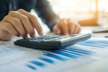 Businessman using a calculator to screen financial data on a desk in the office, with a close-up focus on the hand for a business concept and accounting or financial planning Generative AI