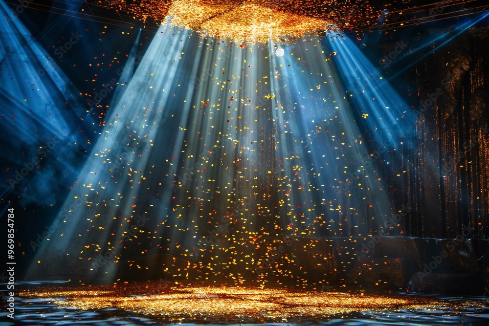 Golden confetti shower on a festive stage with a light beam ...