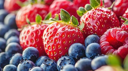 Wall Mural -   Strawberries and blueberries in a close-up shot, with green foliage on top of the strawberries