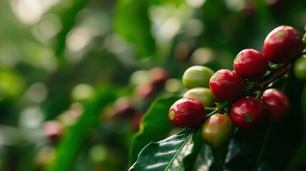 Poster -   A close-up of a tree branch bearing red and green berries against a backdrop of green leaves