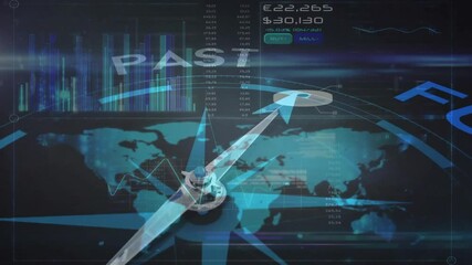 Poster - animation of compass with texts over data processing with world map on black background