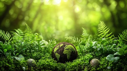 Sticker -   A mossy area surrounds a central rock, while a lush green backdrop features leafy foliage