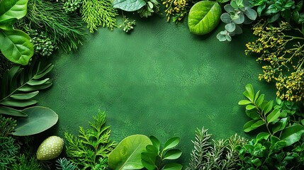 Wall Mural -  A circle made from various plant shapes sits atop a green background filled with diverse plant life