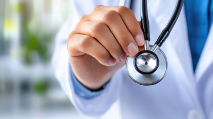 Wall Mural - A doctor holding a stethoscope in his hand while wearing white coat, AI