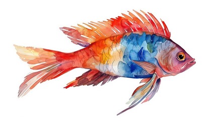 Watercolor painting of a colorful fish with orange, red, blue, and green scales.