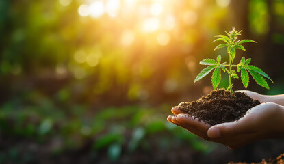 Marijuana seedling growing out of dirt in cupped hands on defocused garden background. Room for text. 