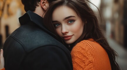 A romantic closeup portrait photo of an attractive young woman hugging her boyfriend, autumn vibes, cozy romantic atmosphere