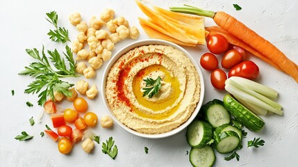 Wall Mural -  A white bowl brimming with hummus, carrots, cucumbers, celery, and cherry tomatoes