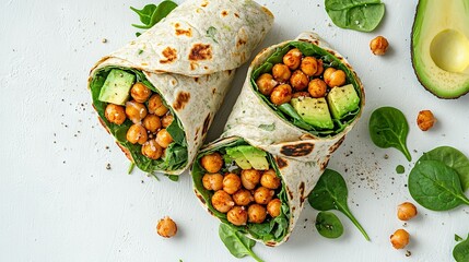 Poster -   A wrap with chickpeas and avocado on top of spinach leaves next to a sliced avocado