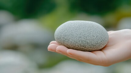 Wall Mural - A person holding a rock in their hand with some trees behind them, AI