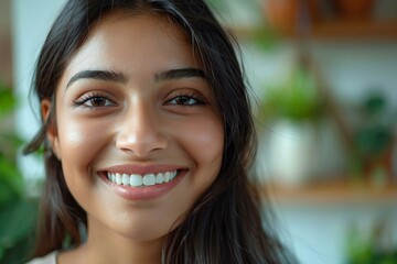 close-up shot of a beautiful smiling Indian woman with clean teeth, perfect for a dental advertisement.