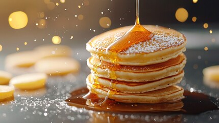 Sticker -   Table with golden confetti and drizzling syrup on stacked pancakes