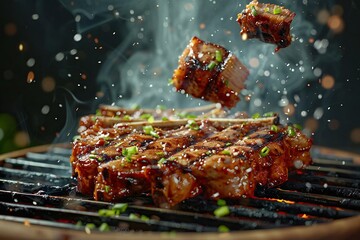 close-up shot of a juicy BBQ pork chop steak sizzling on the grill with a flying brisket in 3D, capturing the savory aromas and charred edges of the delicious meat.