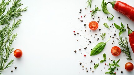 Poster -  Tomatoes, herbs, and pepper on a white background with a sprig of rosemary nearby