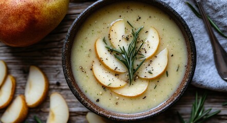 Wall Mural - Warm, creamy apple soup garnished with fresh rosemary and apple slices on rustic wood