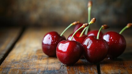 Wall Mural - Fresh Red Cherries On Rustic Wooden Background