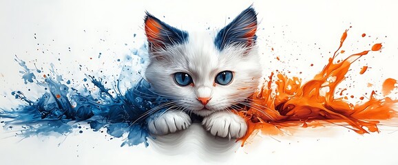 White kitten with blue eyes peering over splashes of blue and orange paint.