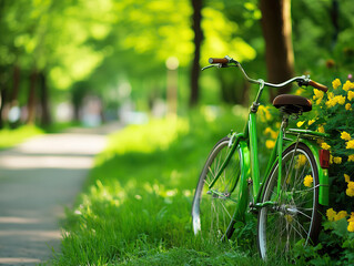 A vibrant green bicycle stands beside colorful flowers in a lush park, showcasing a serene outdoor scene filled with nature.