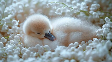 Poster -   A close-up of a baby bird lying in a bed of flowers, with its head resting on its side