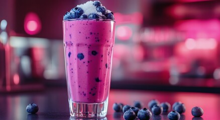 Canvas Print - Refreshing blueberry smoothie served in a tall glass with fresh berries on a dark surface